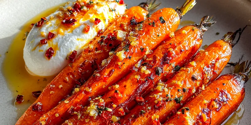 A close-up of Savory Roasted Carrots Delight, beautifully roasted and garnished with herbs.