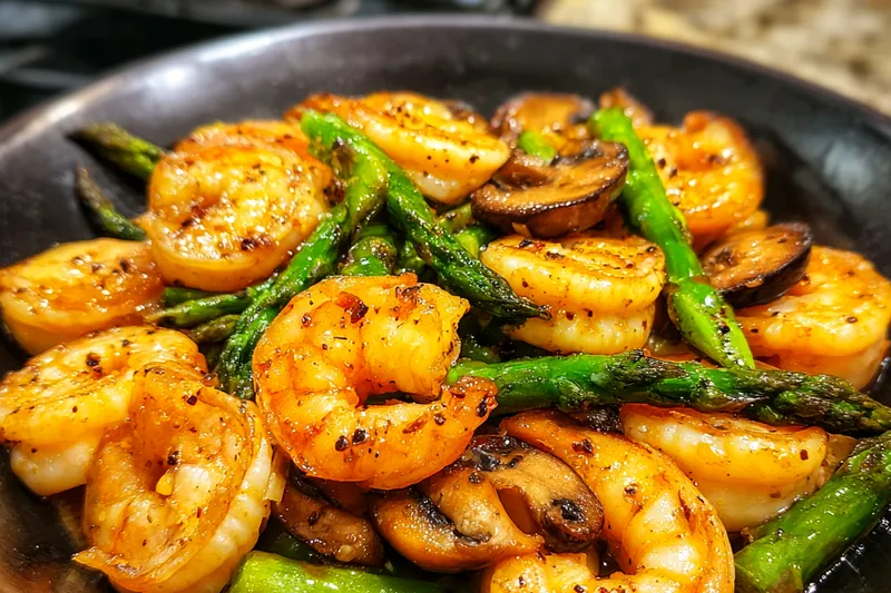 A vibrant skillet with Savory Shrimp Asparagus Stir-Fry cooking, showcasing colorful vegetables and shrimp.
