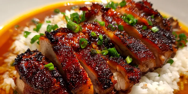 A vibrant plate of Savory Soy Chicken Delight garnished with green onions, served with rice.