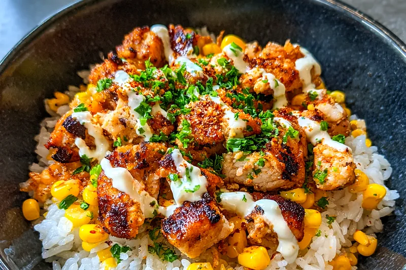 Chef Mitchell expertly sautéing chicken and corn in a skillet for Savory Street Corn Chicken Bowl.