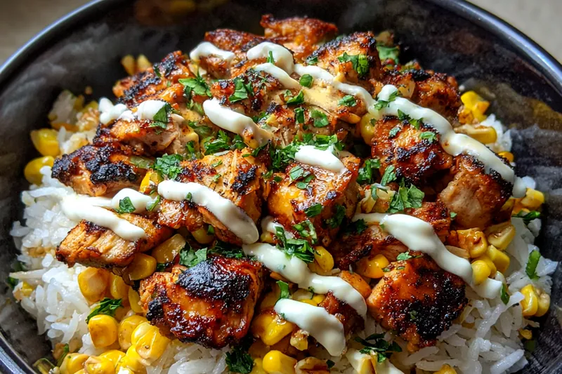 A colorful assortment of ingredients for Savory Street Corn Chicken Bowl, including chicken, corn, and spices.