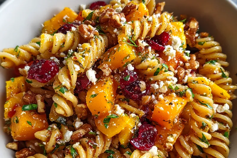 Chef Mitchell mixing the pasta salad with vibrant ingredients.
