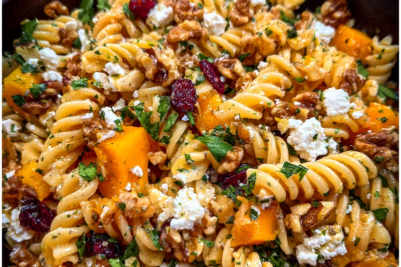 A colorful display of fresh vegetables and pasta ingredients for Seasonal Pasta Salad Delight.