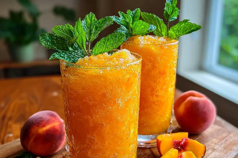 Bowl of frozen peach slices, jar of honey, fresh mint, and ice cubes arranged on a kitchen counter