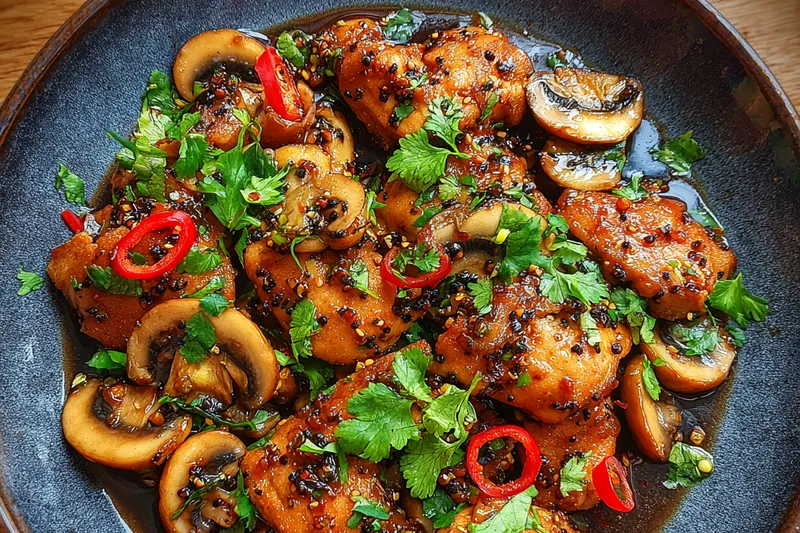Chef Mitchell stirring the Spicy Black Pepper Chicken in a sizzling skillet, showcasing vibrant colors and textures.