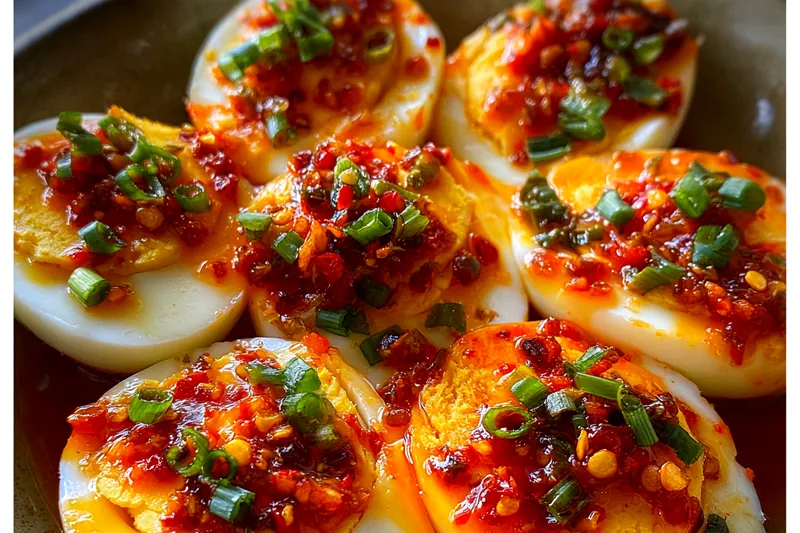 Cooking process for Spicy Chili Deviled Eggs