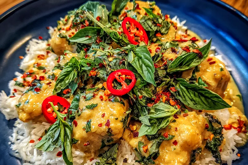 Fresh ingredients for Spicy Coconut Basil Chicken