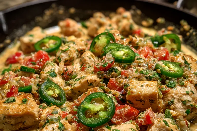 A chef skillfully cooking Spicy Creamy Chicken Delight in a skillet.