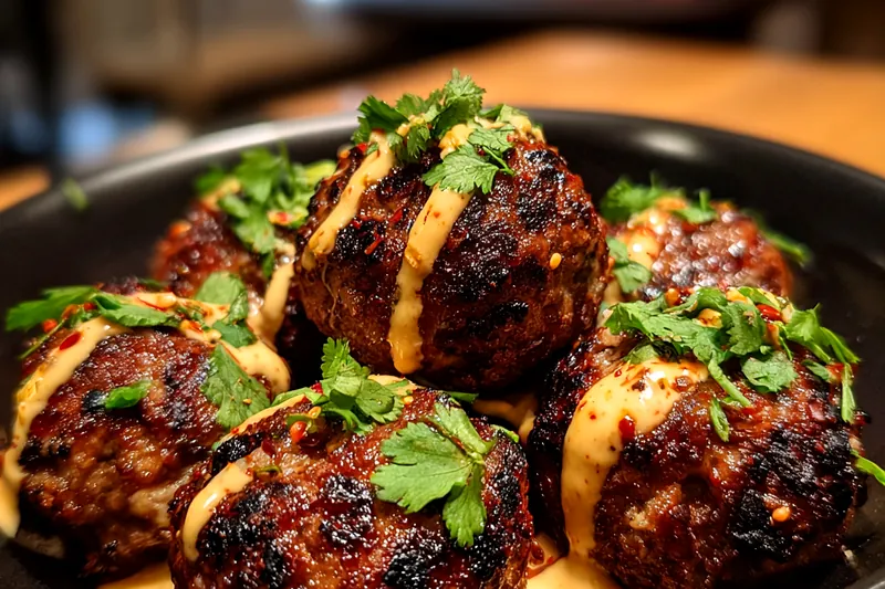 A step-by-step visual of the cooking process for Spicy Korean Meatball Delight, showcasing the meatballs in the oven.