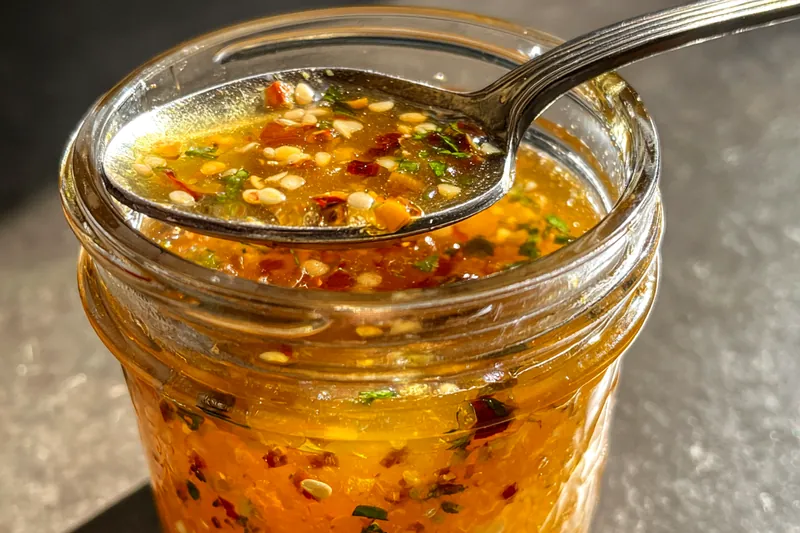Vibrant ingredients for Spicy Mango Garlic Sauce arranged on a wooden cutting board.