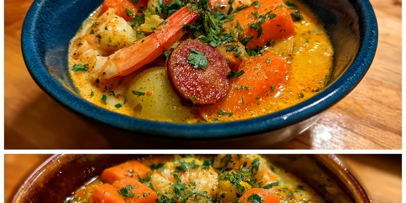 Delicious Spicy Shrimp Chorizo Chowder served on a plate