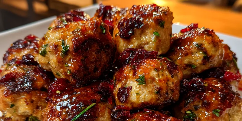 Pile of glossy cranberry glazed turkey meatballs on a white plate garnished with thyme