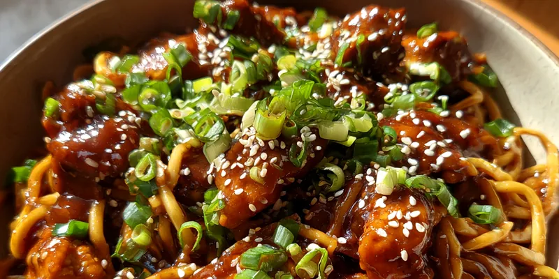 Delicious Sticky Garlic Chicken Noodles served on a plate