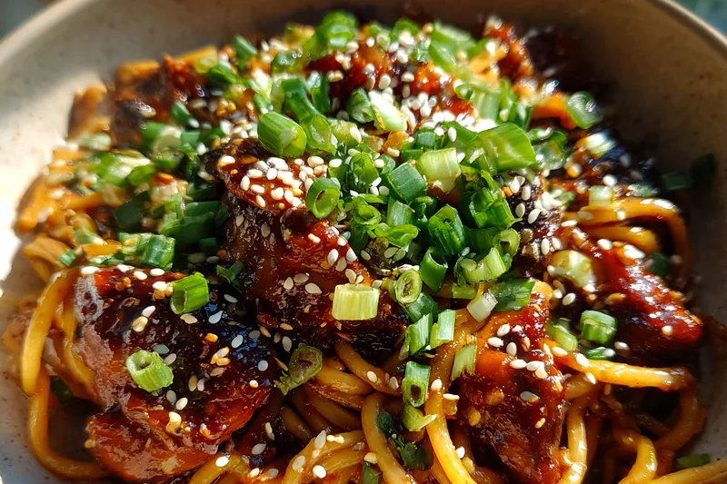 Fresh ingredients for Sticky Garlic Chicken Noodles