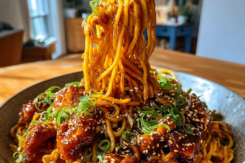 Wok with bubbling dark sauce, tossing glossy noodles and golden fried chicken pieces