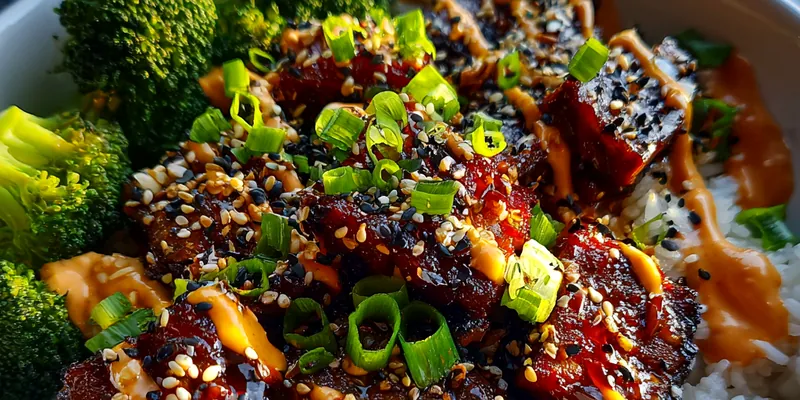 Delicious Sticky Sesame Chicken Bowl served on a plate