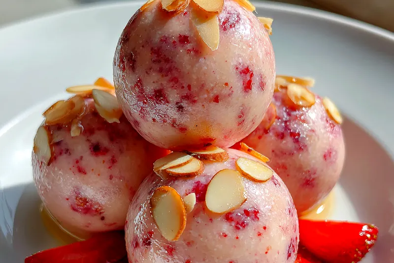 Fresh ingredients for Strawberry Almond Cheesecake Bites