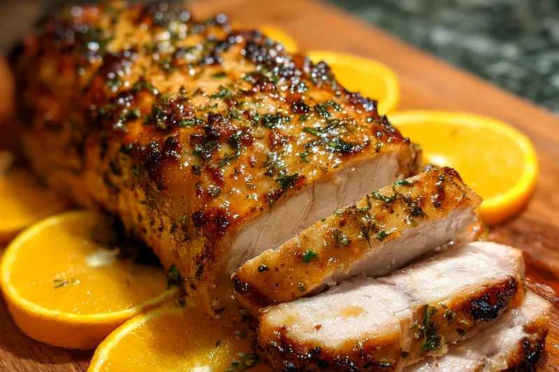 Ingredients for Tangy Cuban Mojo Pork displayed on a rustic wooden table.