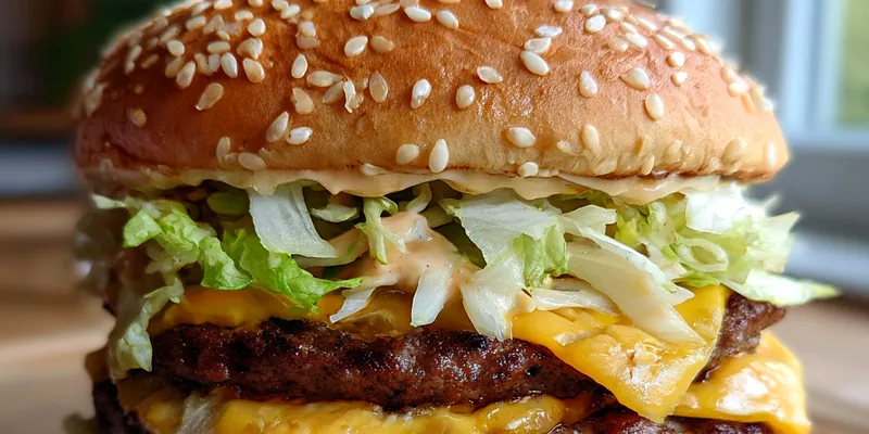 A massive homemade double cheeseburger with sesame buns, dripping special sauce, and fresh lettuce stacked high on a wooden board