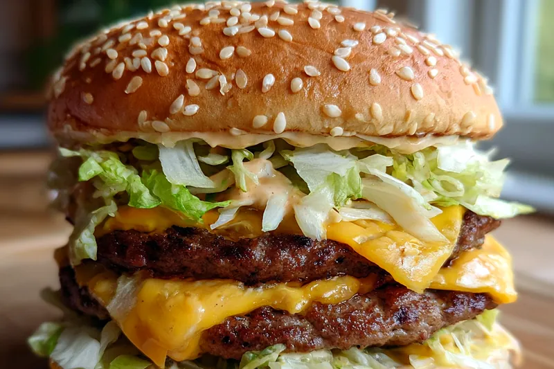 Ingredients for double cheeseburger: ground beef, sesame buns, American cheese slices, shredded lettuce, onion, and sauce components