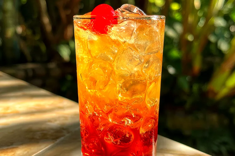 A colorful display of fresh fruits, amaretto, and juices used in the Tropical Amaretto Punch Delight.