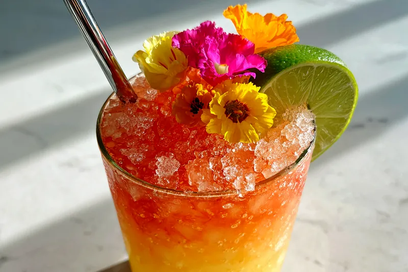 Mixing the ingredients for Tropical Rum Punch Delight in a large pitcher.