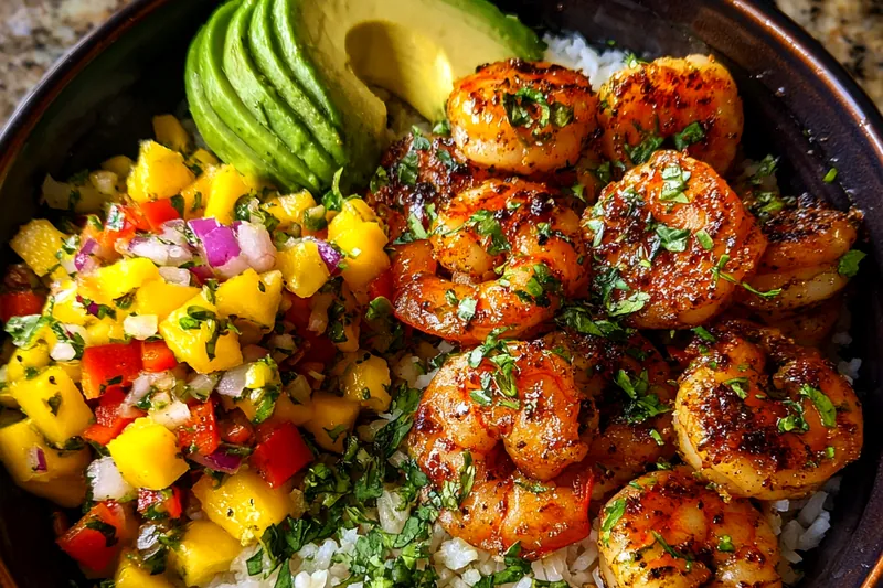 Cooking shrimp in a skillet for the Tropical Shrimp Avocado Bowl, showcasing the vibrant colors.