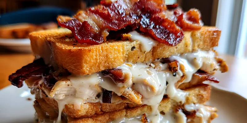 Stacked chicken and bacon sandwich with dripping white cheese sauce on a white plate