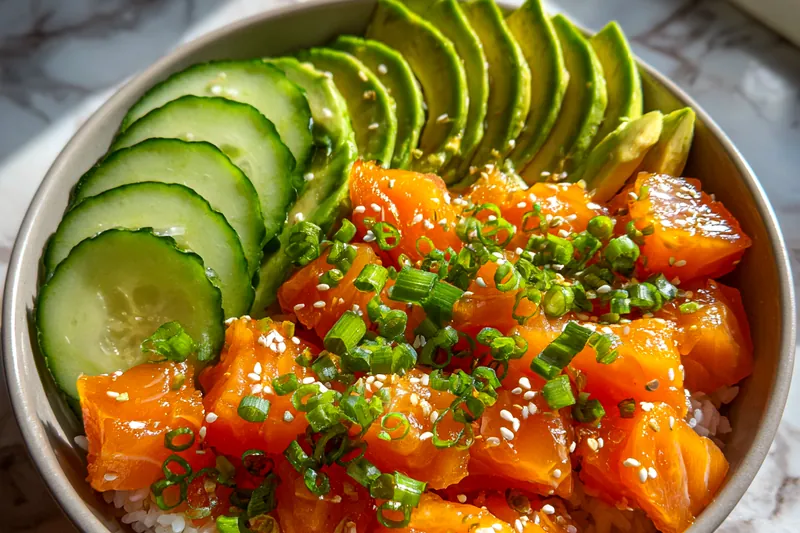 Cooking process for Vibrant Salmon Poke Bowl