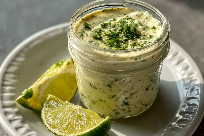 An arrangement of fresh cilantro, garlic cloves, and limes for Zesty Cilantro Garlic Sauce.