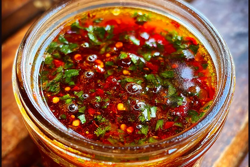 Chef Mitchell mixing fresh herbs and oil to create Zesty Smoky Red Chimichurri.